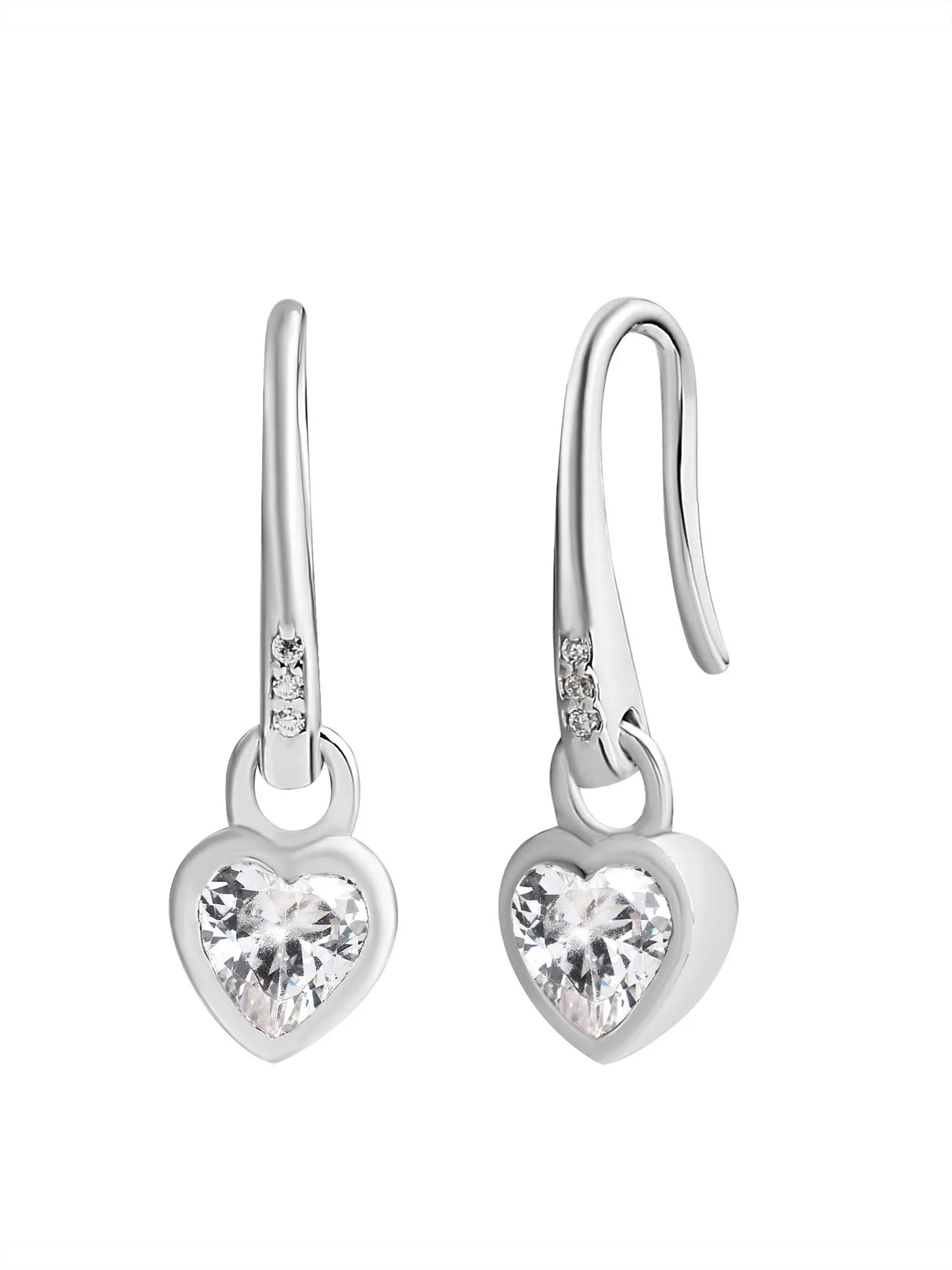 925 Silver American Diamond Small Heart Shaped Dangle Earrings