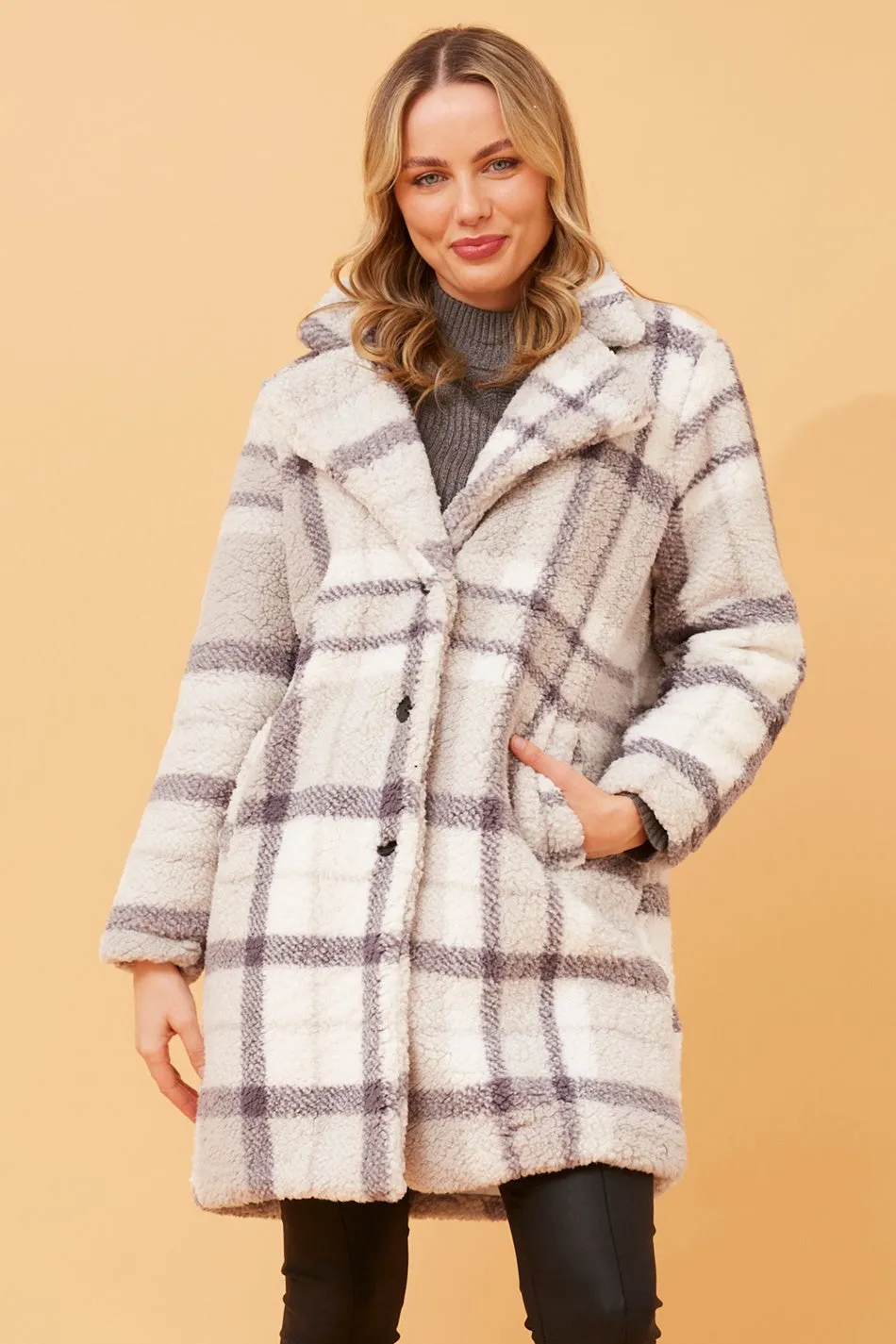 ALASKA CHECK TEDDY FUR COAT