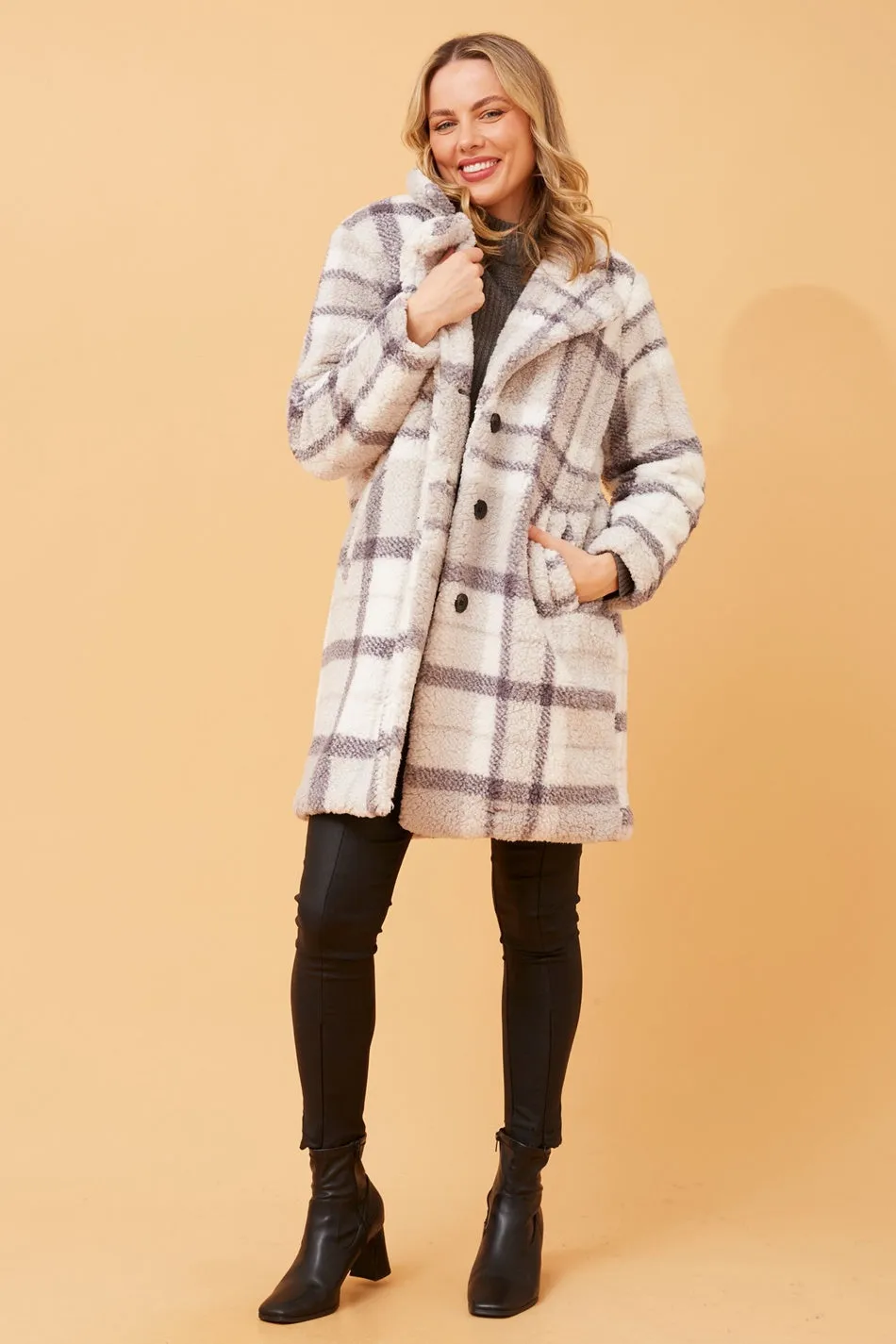 ALASKA CHECK TEDDY FUR COAT