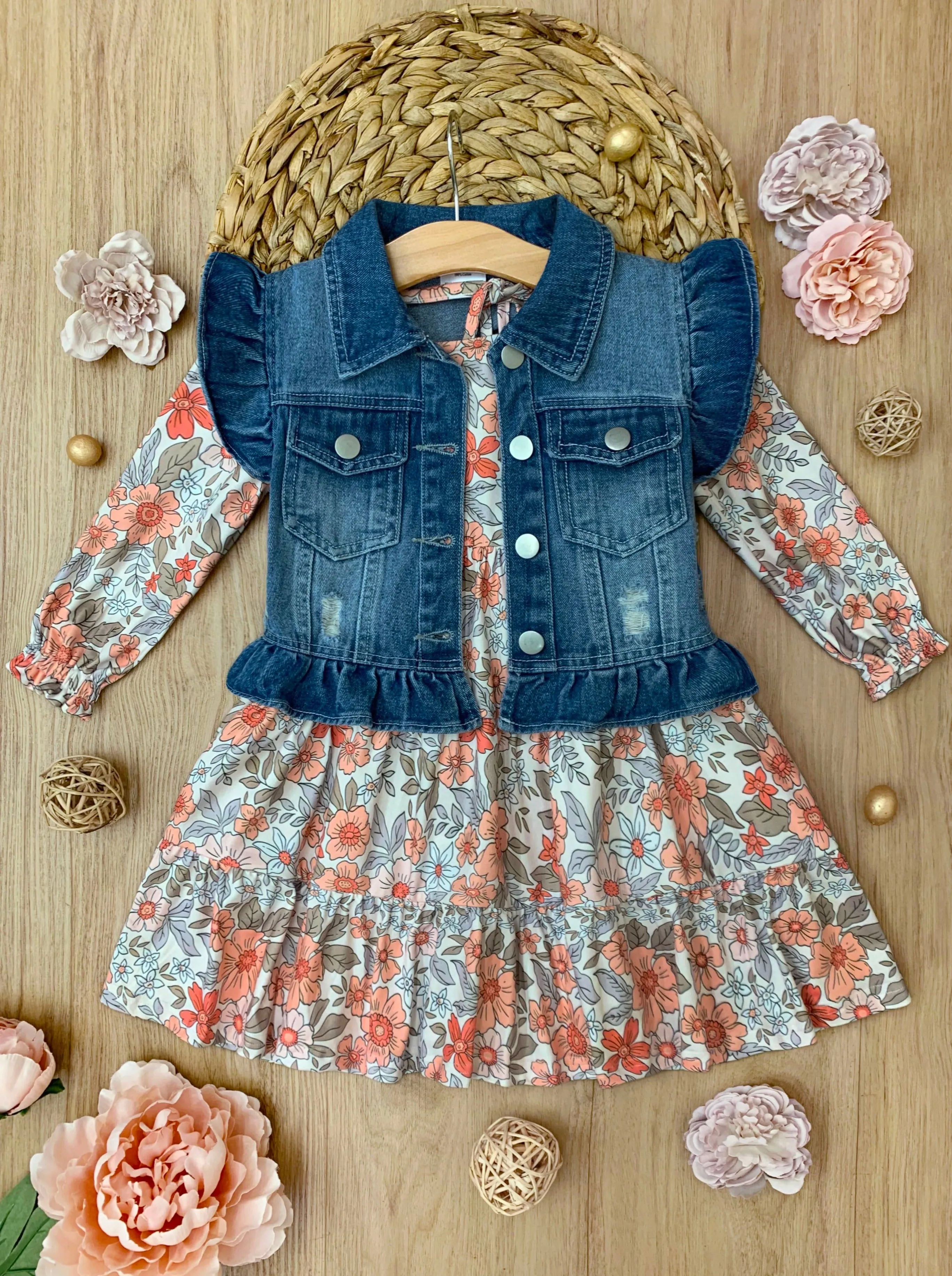 Always In Bloom Denim Vest and Floral Dress Set