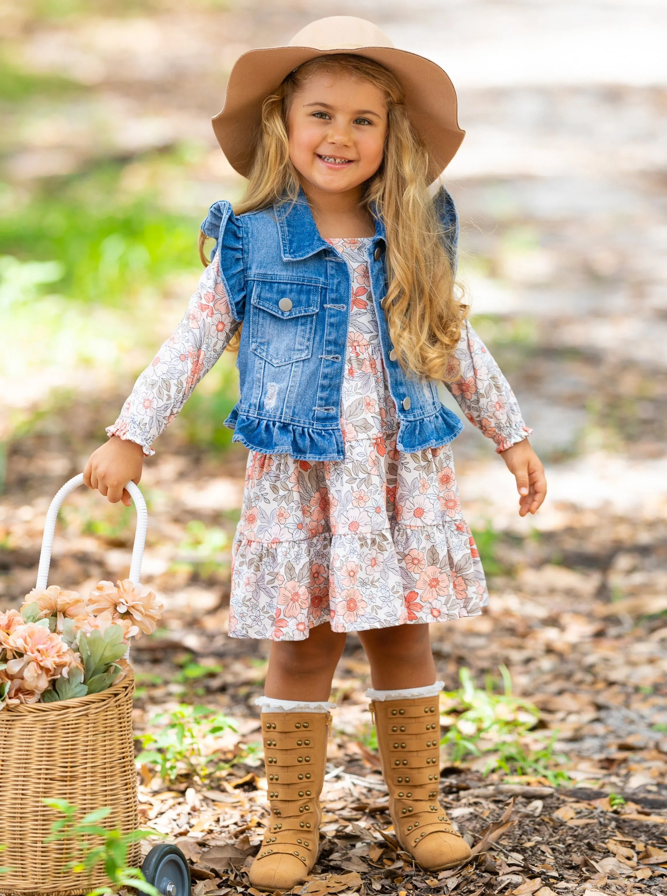 Always In Bloom Denim Vest and Floral Dress Set