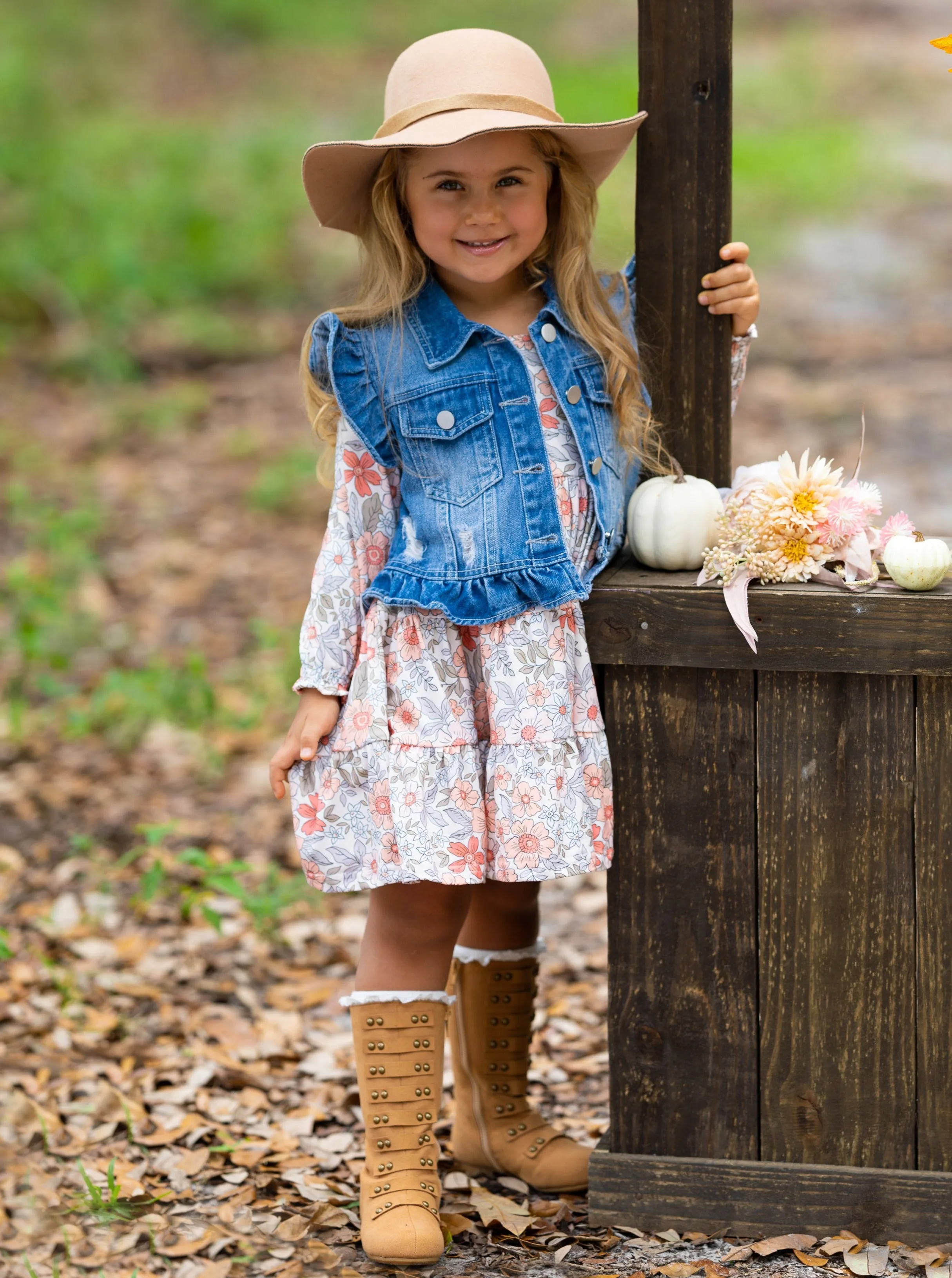 Always In Bloom Denim Vest and Floral Dress Set