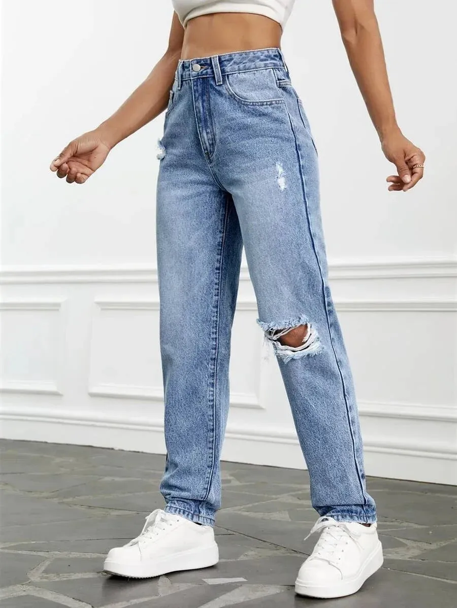 Amy Fashion - 2024 Women Casual Fashion High Streetwear Ripped Holes Denim Pants Female Vintage Trousers Jean