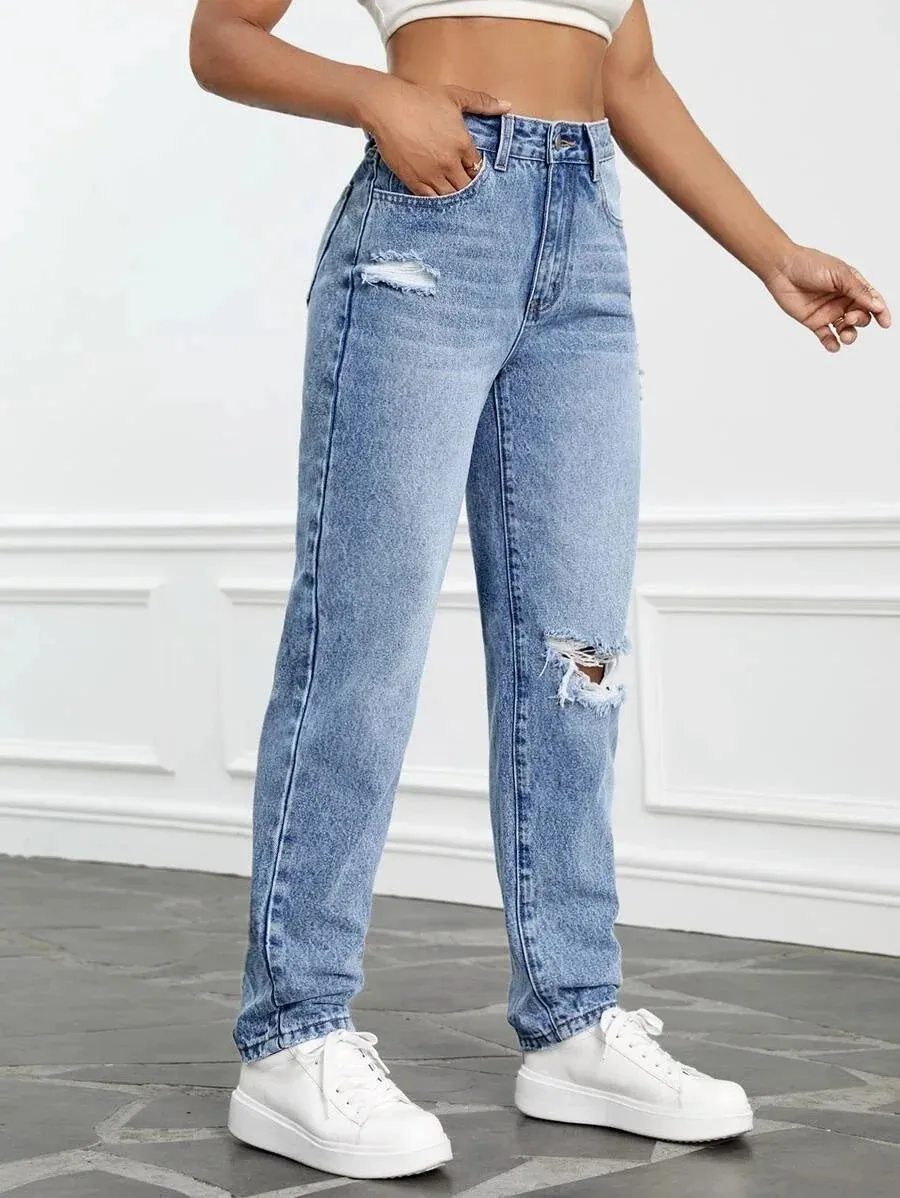 Amy Fashion - 2024 Women Casual Fashion High Streetwear Ripped Holes Denim Pants Female Vintage Trousers Jean