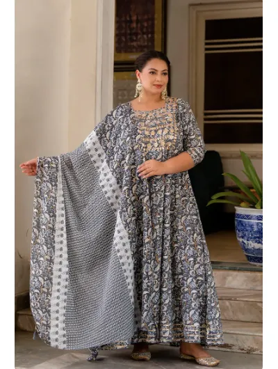 Anarkali Plus Size Grey Kurti Dupatta Set of 2