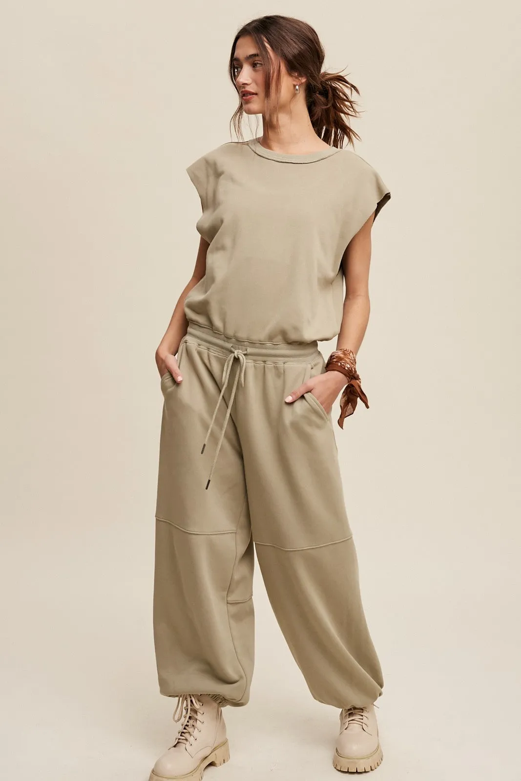 Athleisure French Terry Loose Jogger Jumpsuit in Sage