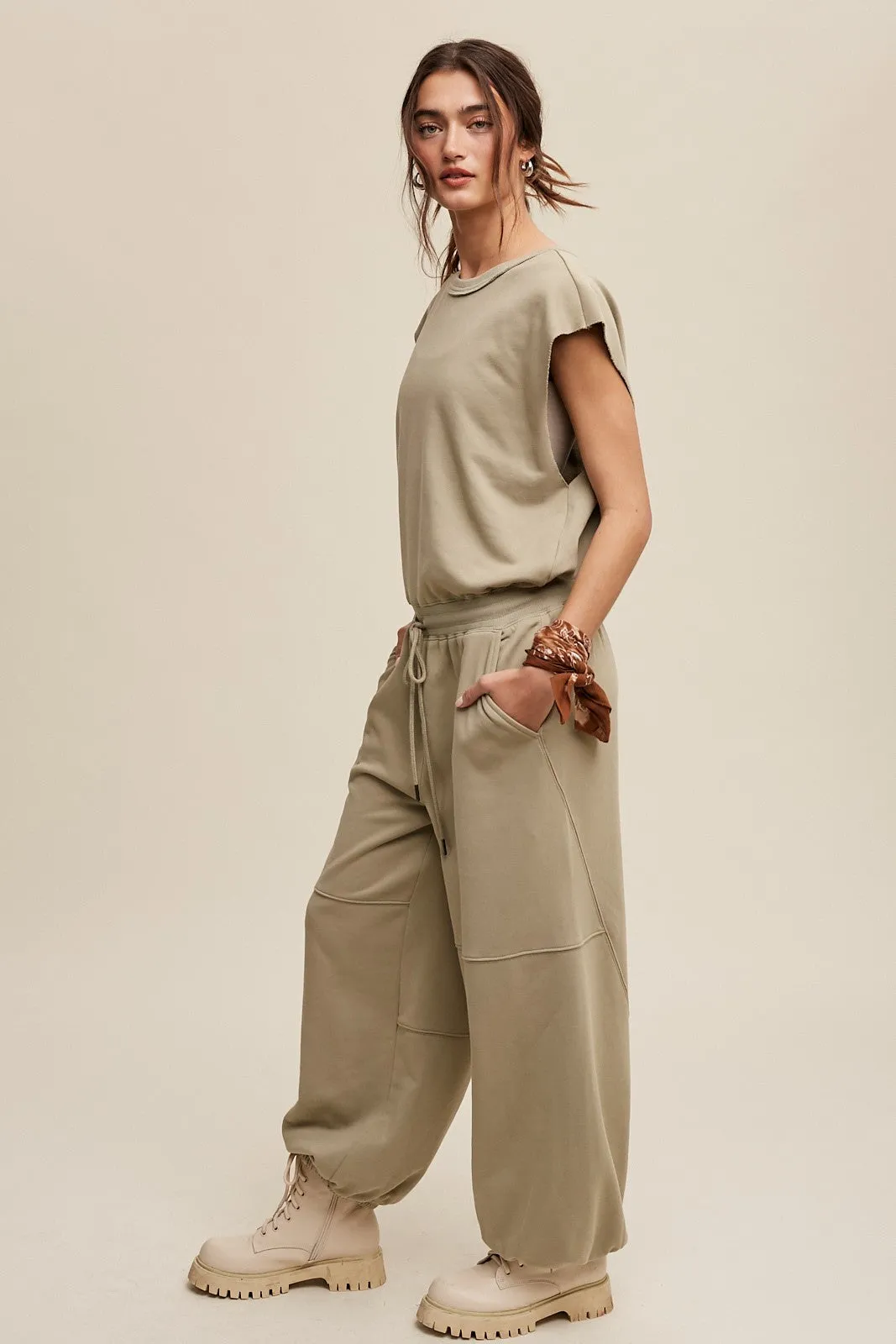 Athleisure French Terry Loose Jogger Jumpsuit in Sage