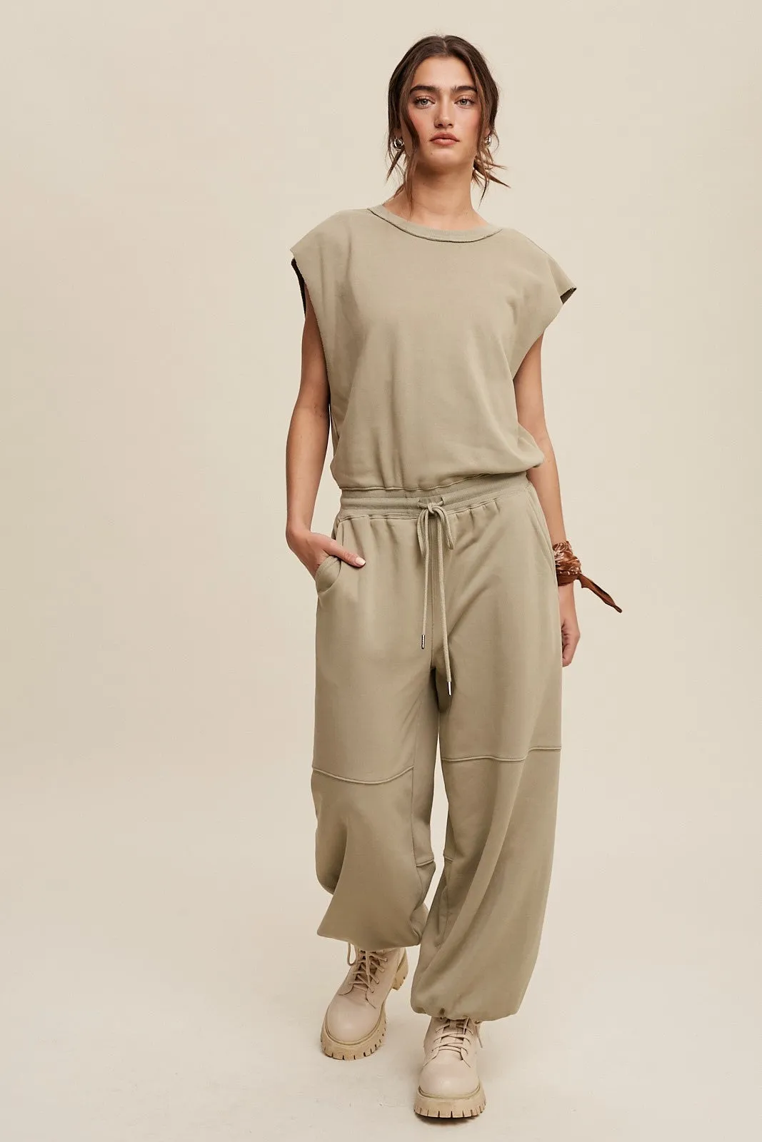 Athleisure French Terry Loose Jogger Jumpsuit in Sage