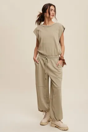 Athleisure French Terry Loose Jogger Jumpsuit in Sage