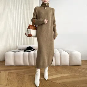 Autumn Knitting Dress For Women Turtleneck Long Sleeve Loose Knitting Minimalist Midi Dresses Female Clothing Style