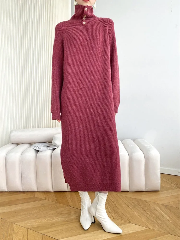 Autumn Knitting Dress For Women Turtleneck Long Sleeve Loose Knitting Minimalist Midi Dresses Female Clothing Style