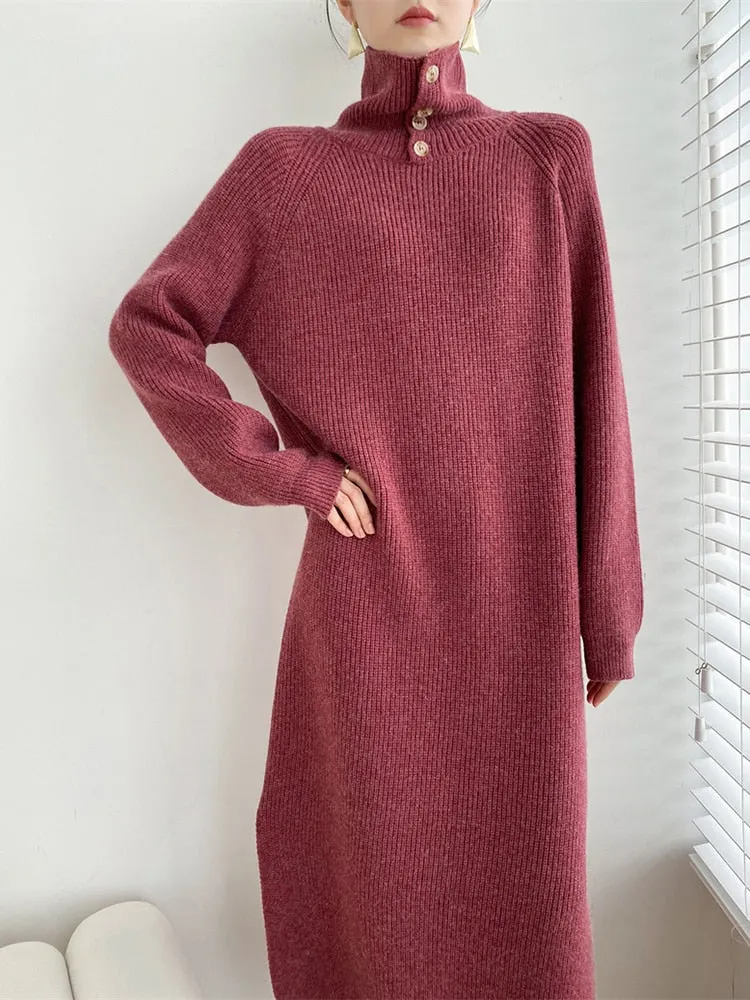 Autumn Knitting Dress For Women Turtleneck Long Sleeve Loose Knitting Minimalist Midi Dresses Female Clothing Style