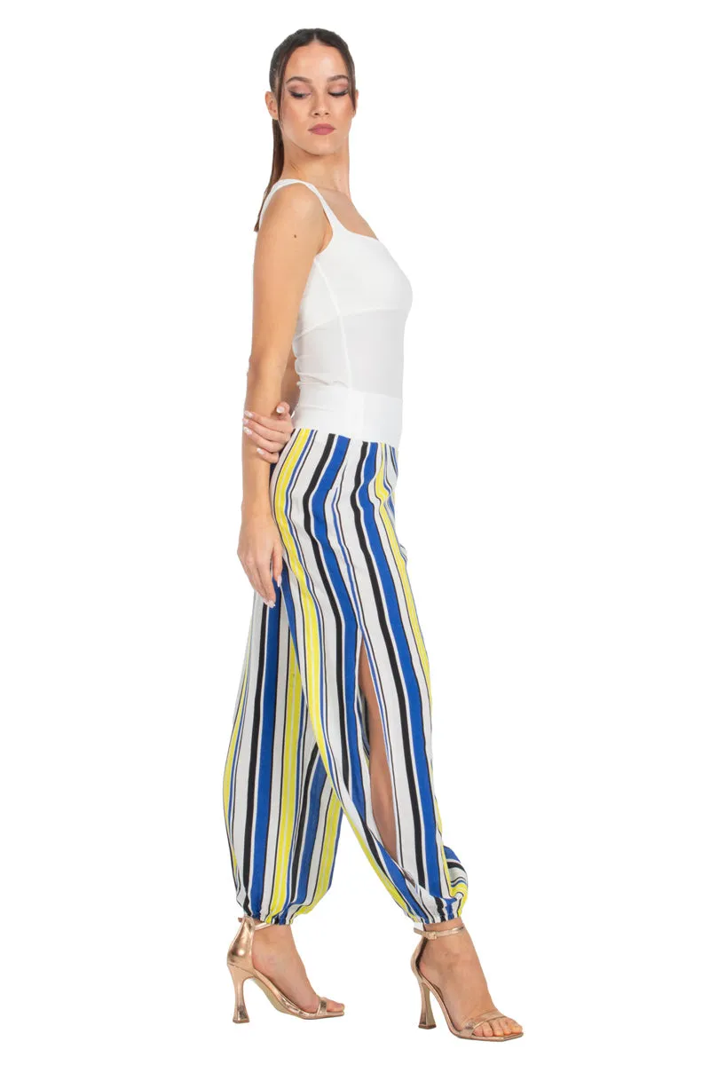 Blue & Yellow Striped Gathered Tango Pants With Slits