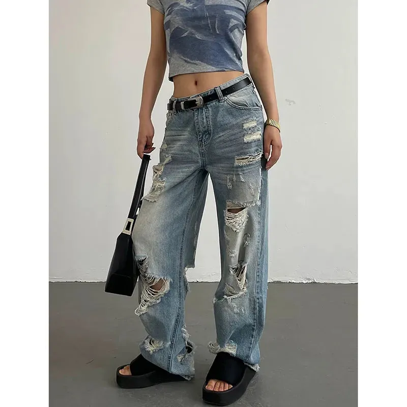 Blue Low Waist Vintage American Fashion Wide Leg Worn-out Baggy Summer Denim Jeans