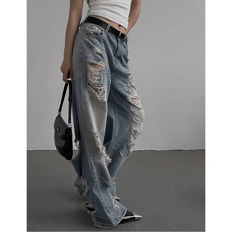 Blue Low Waist Vintage American Fashion Wide Leg Worn-out Baggy Summer Denim Jeans