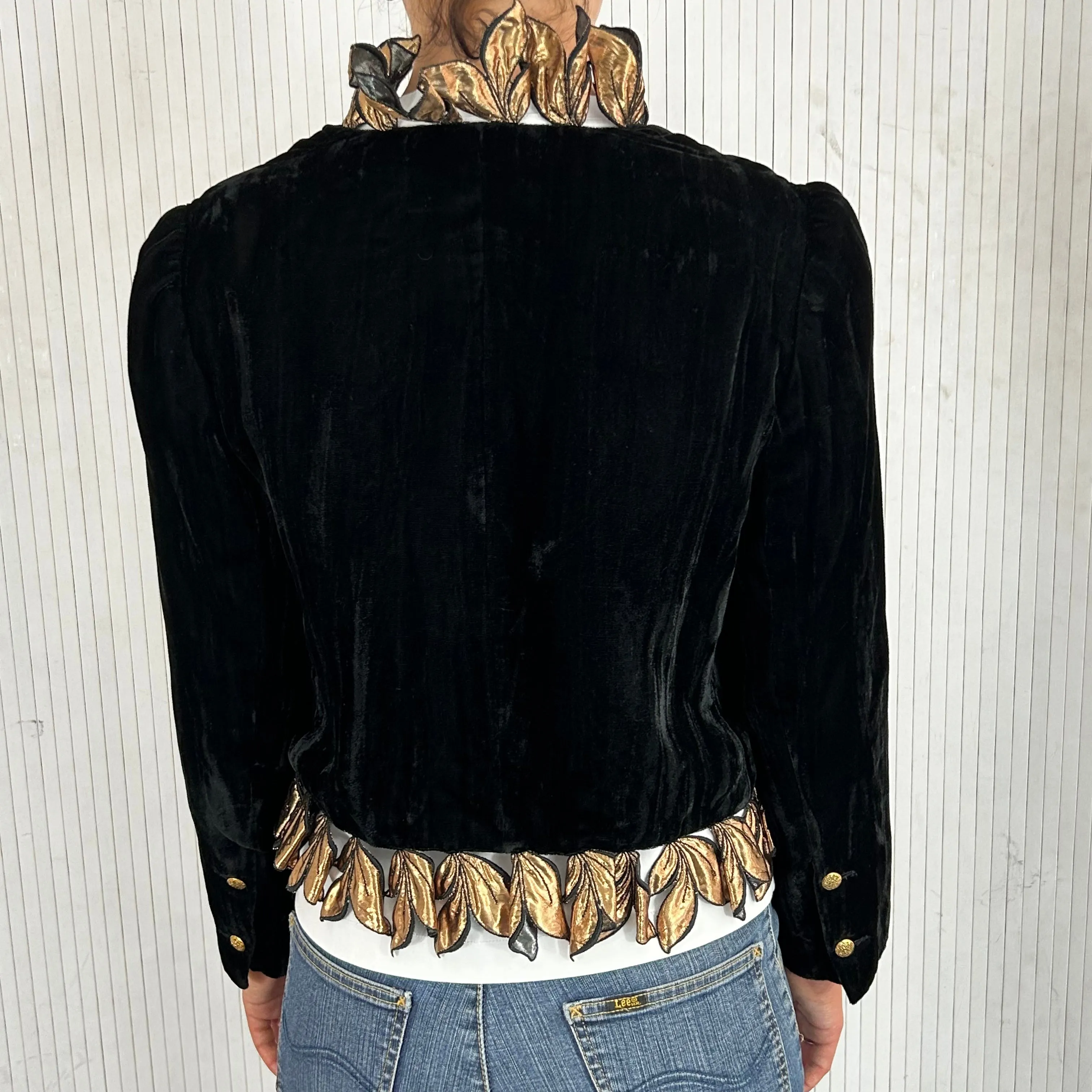 Chanel Vintage Black Velvet Gold Petal Trim Bolero Jacket S/M