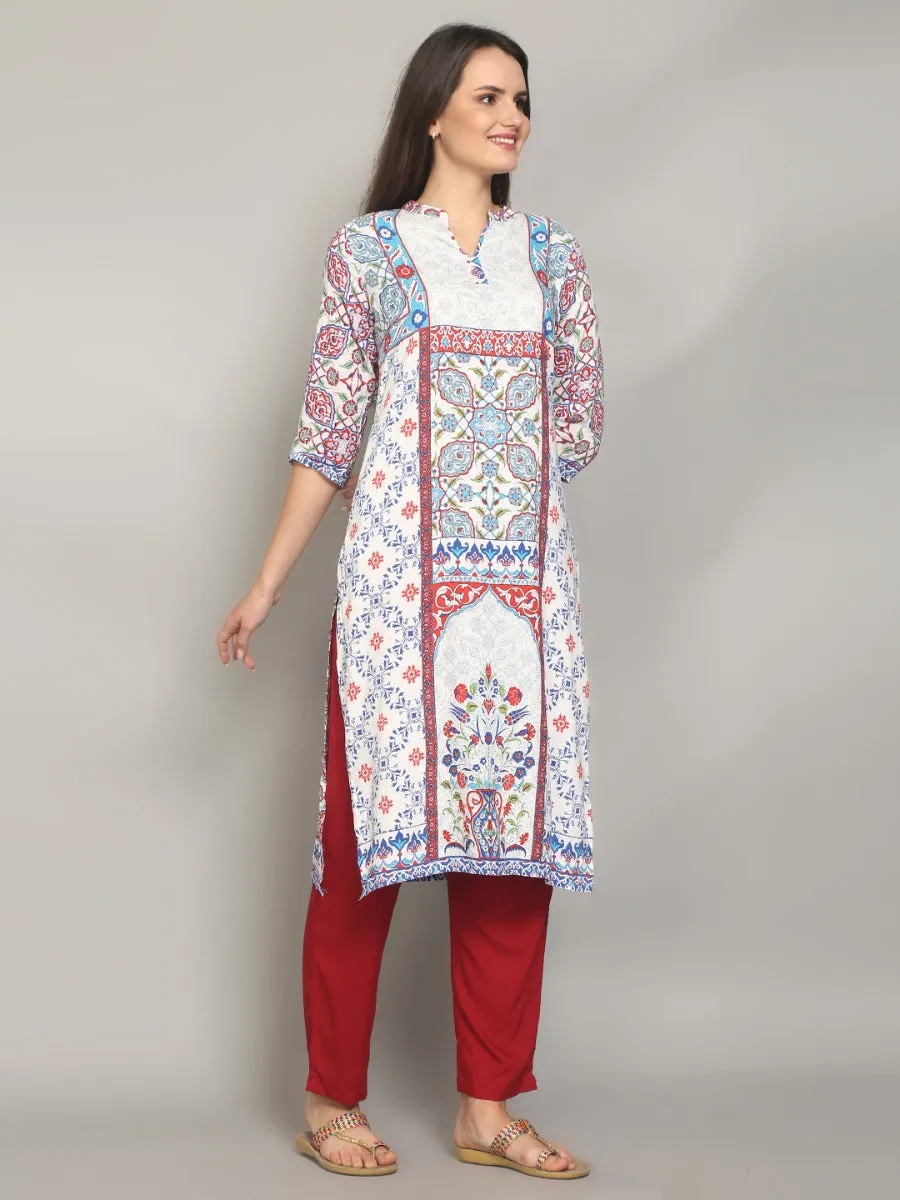 Charming White And Blue Ornamental Printed Kurta