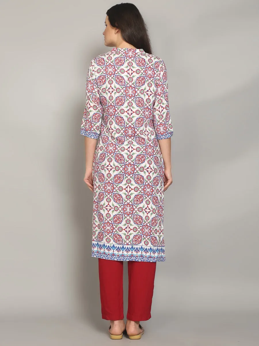 Charming White And Blue Ornamental Printed Kurta