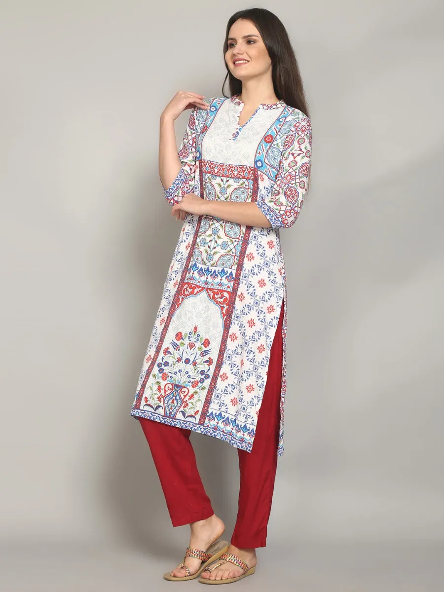 Charming White And Blue Ornamental Printed Kurta