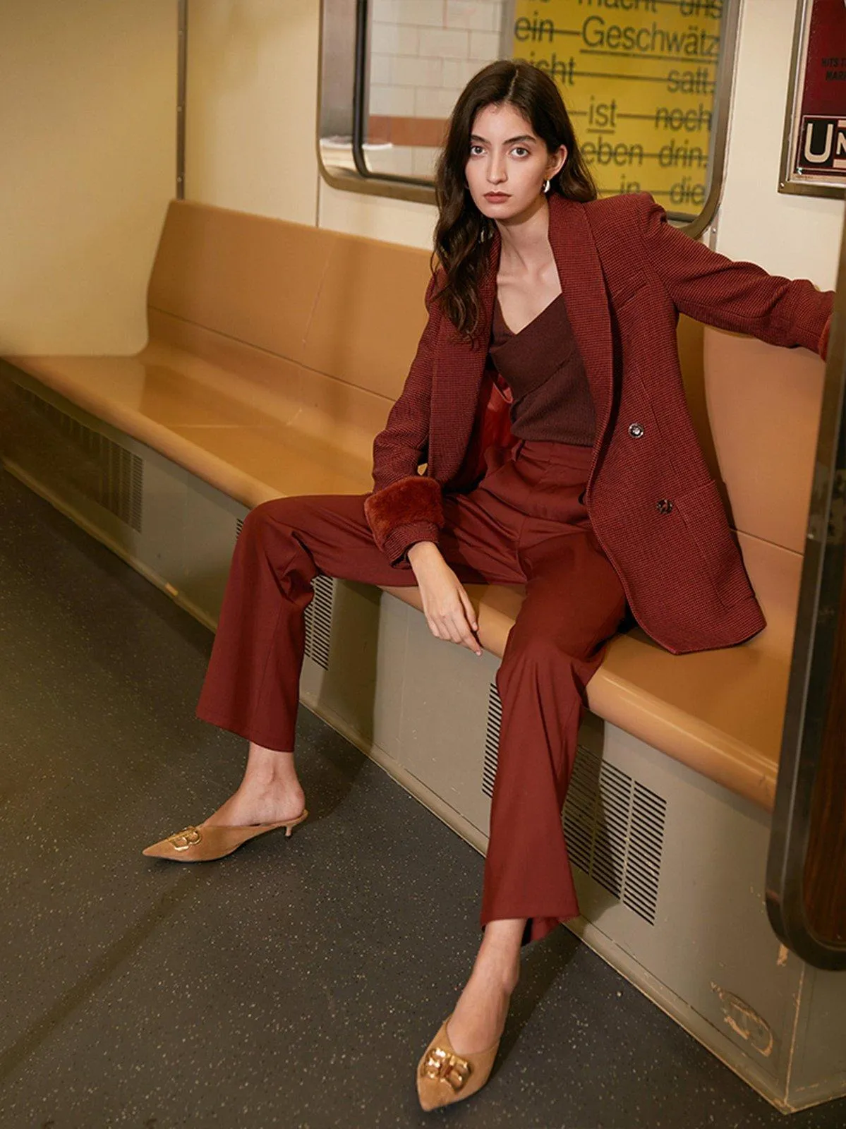 Claret Asymmetric Collar Blazer & Pants Suit Set