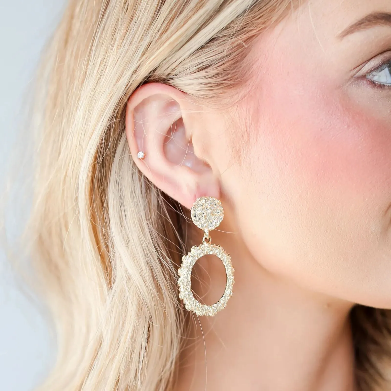 Dangle Drop Gold Textured Circle Stud Earrings