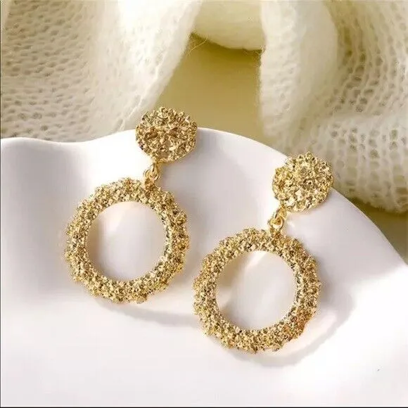 Dangle Drop Gold Textured Circle Stud Earrings