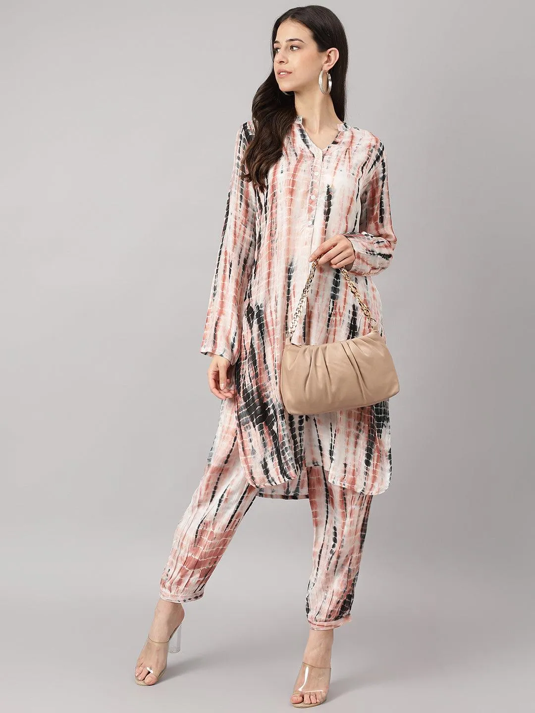 Divena Cream Muslin Tie and Dye Kurta with Ham Cuffed Pant Set