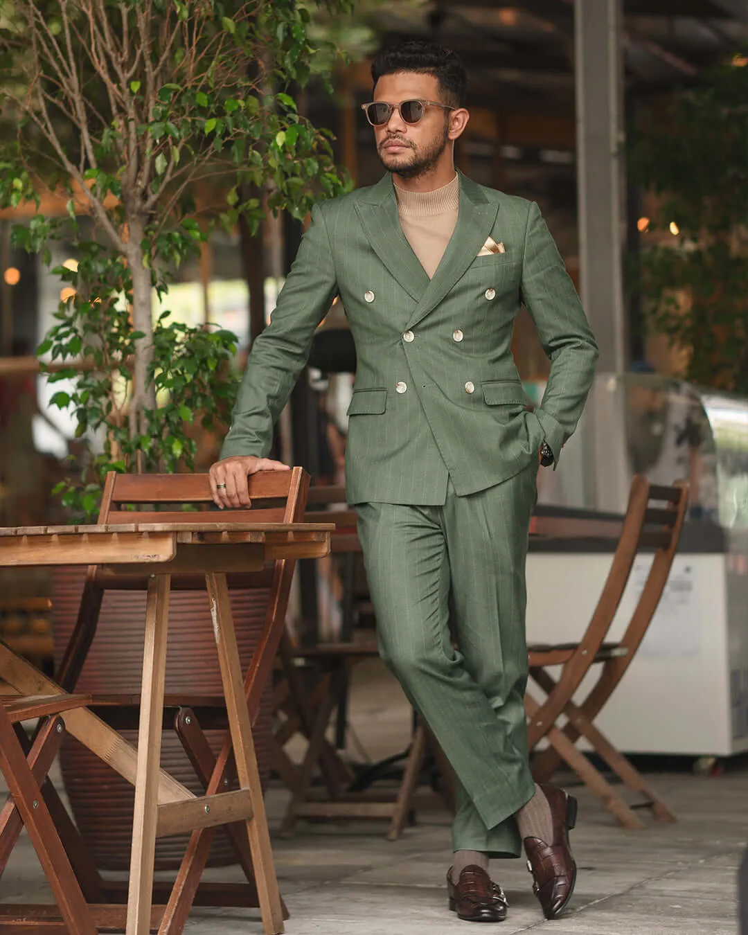 Double Breasted Suit Blazer - Moss Green Stripes (Peak Lapel)