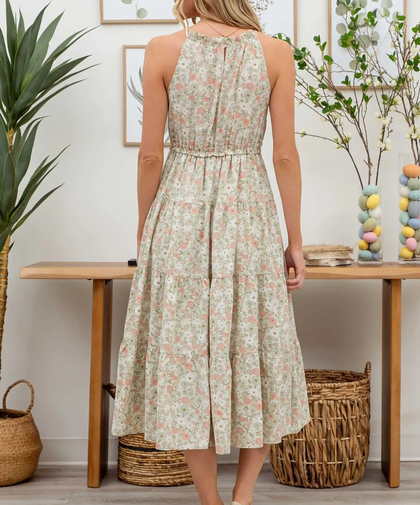 Floral Halter Tiered Midi Dress - Mint Multi