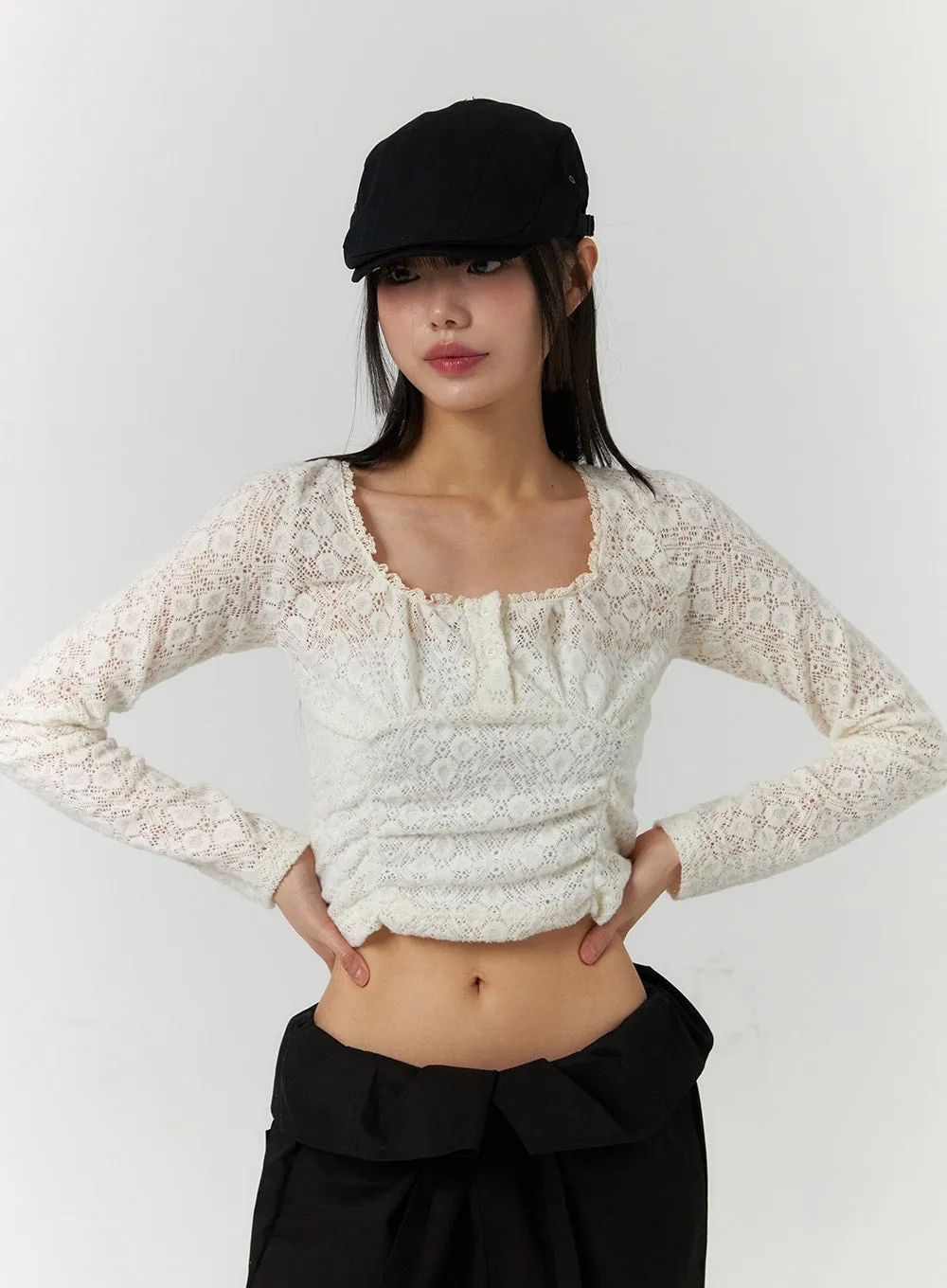 Floral Lace Round Neck Long Sleeve Top CF406