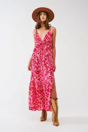 Floral Print Maxi Dress With v Neck in Pink