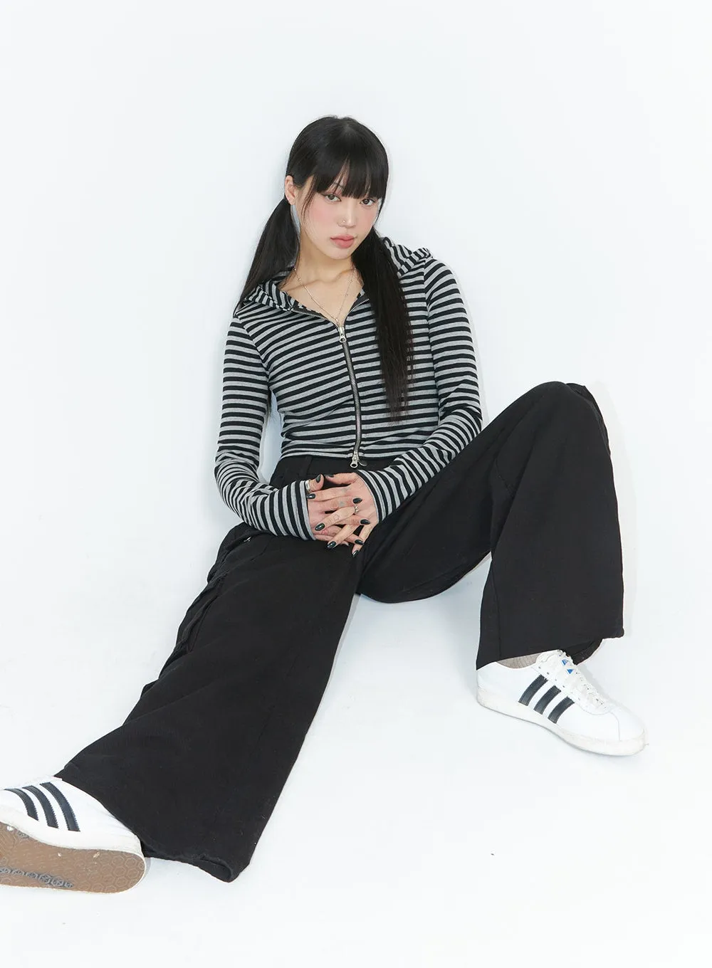 Grunge Slim Fit Stripe Crop Zip-Up Hoodie IJ410