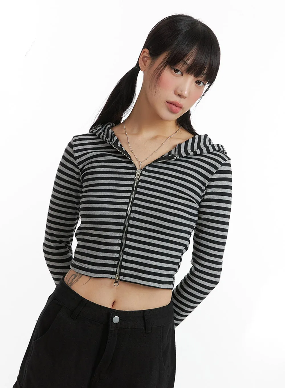 Grunge Slim Fit Stripe Crop Zip-Up Hoodie IJ410