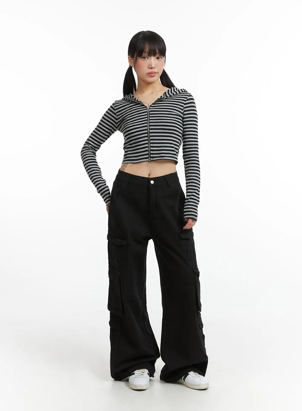 Grunge Slim Fit Stripe Crop Zip-Up Hoodie IJ410