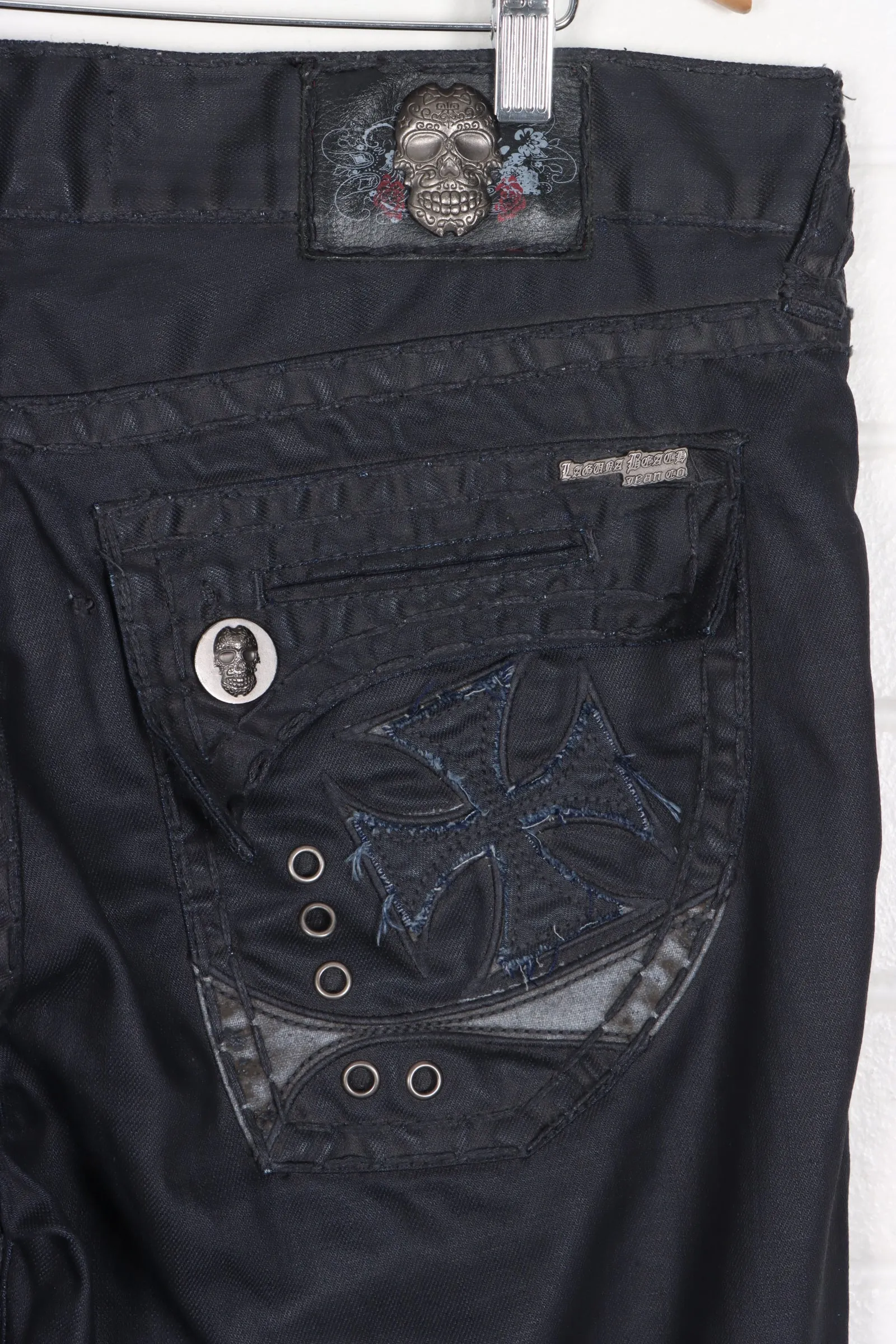 LAGUNA BEACH Black Denim Sugar Skulls Y2K Jeans USA Made (38)