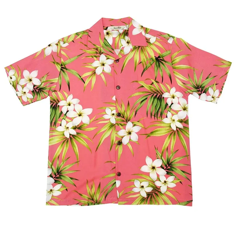 Light Pink Plumeria Print Rayon Aloha Shirt | Pink