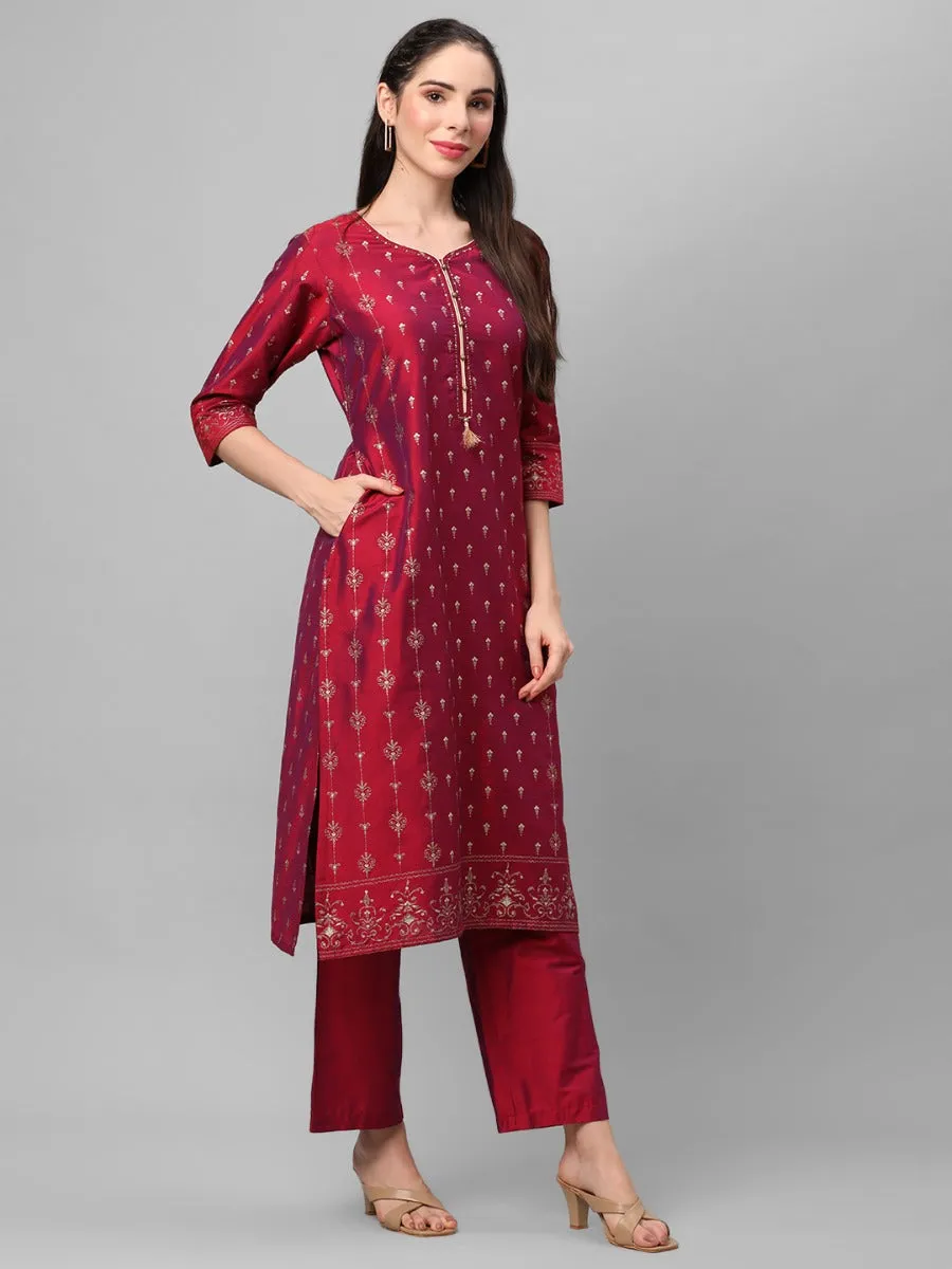 Magenta Ornamental Printed Kurta With Comfort Pant