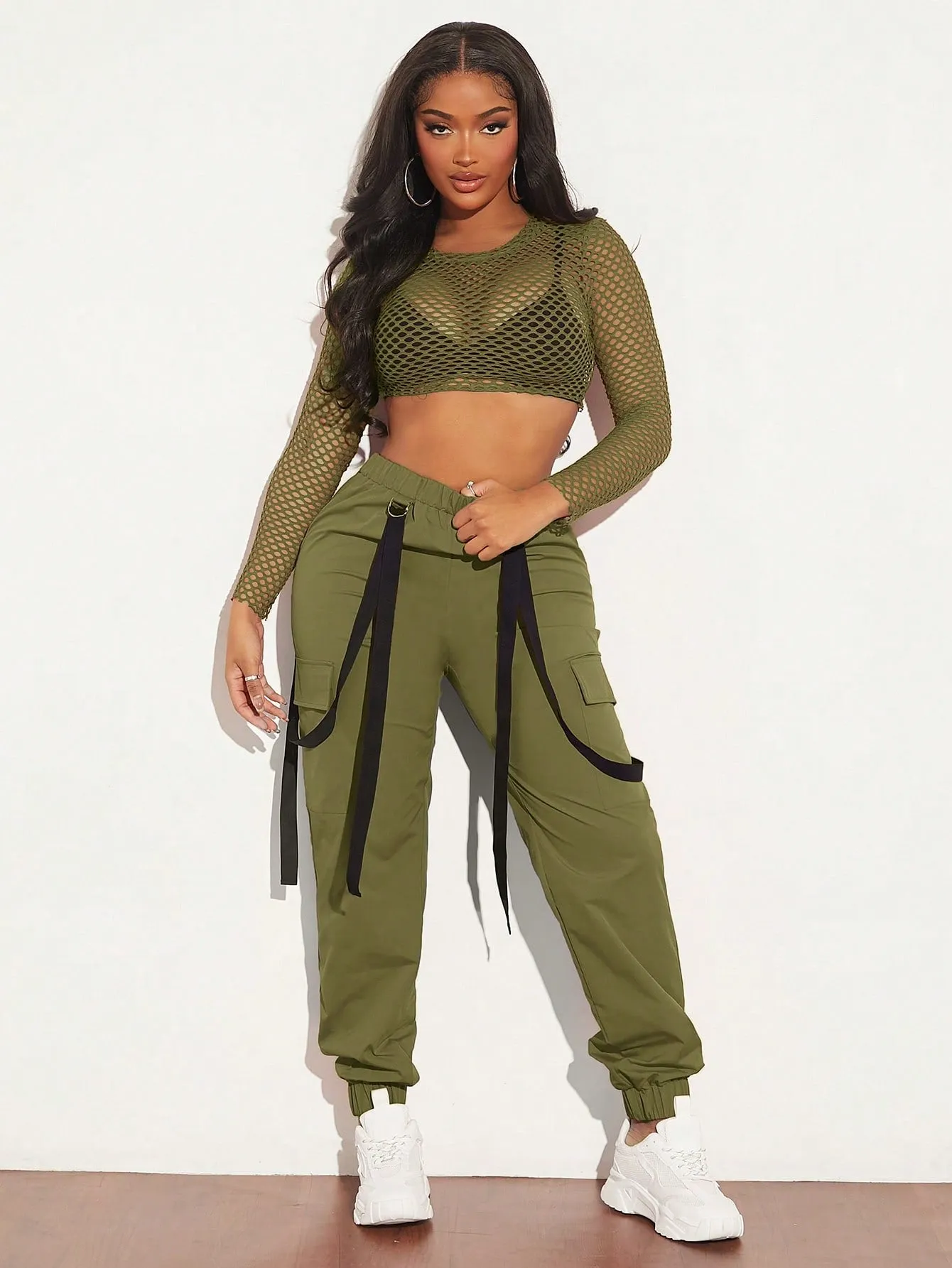 Mesh Crop Top Cargo Pants Set Without Bra