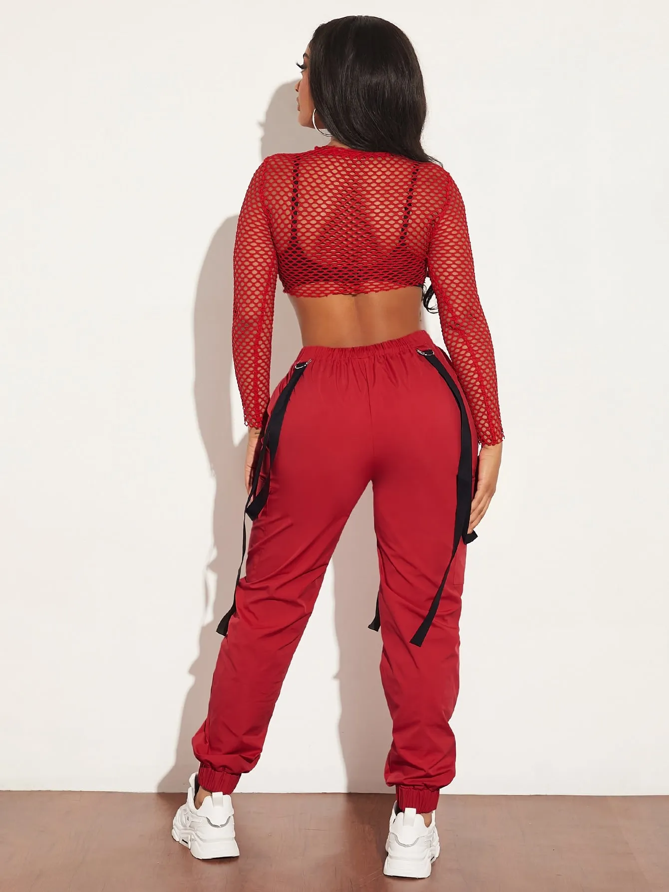 Mesh Crop Top Cargo Pants Set Without Bra