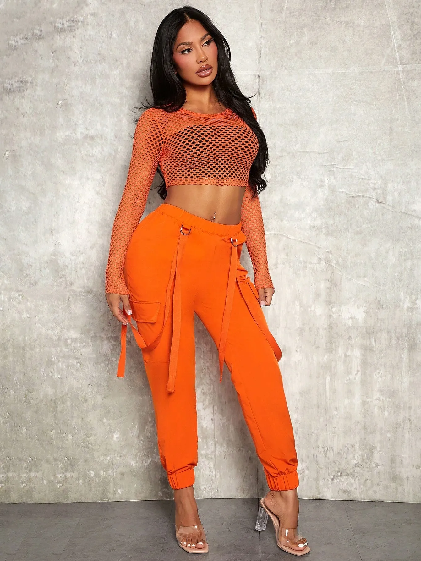 Mesh Crop Top Cargo Pants Set Without Bra