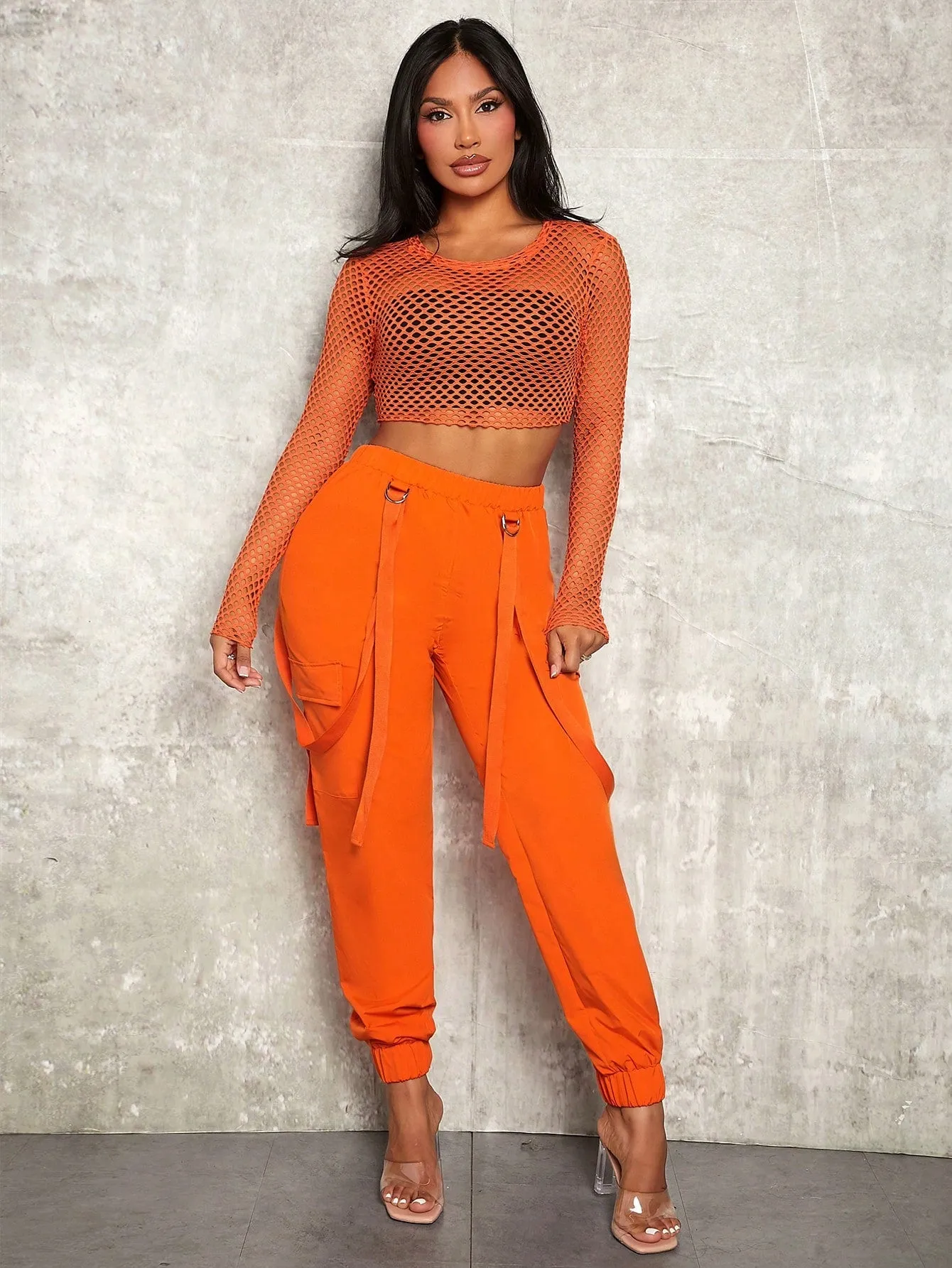 Mesh Crop Top Cargo Pants Set Without Bra