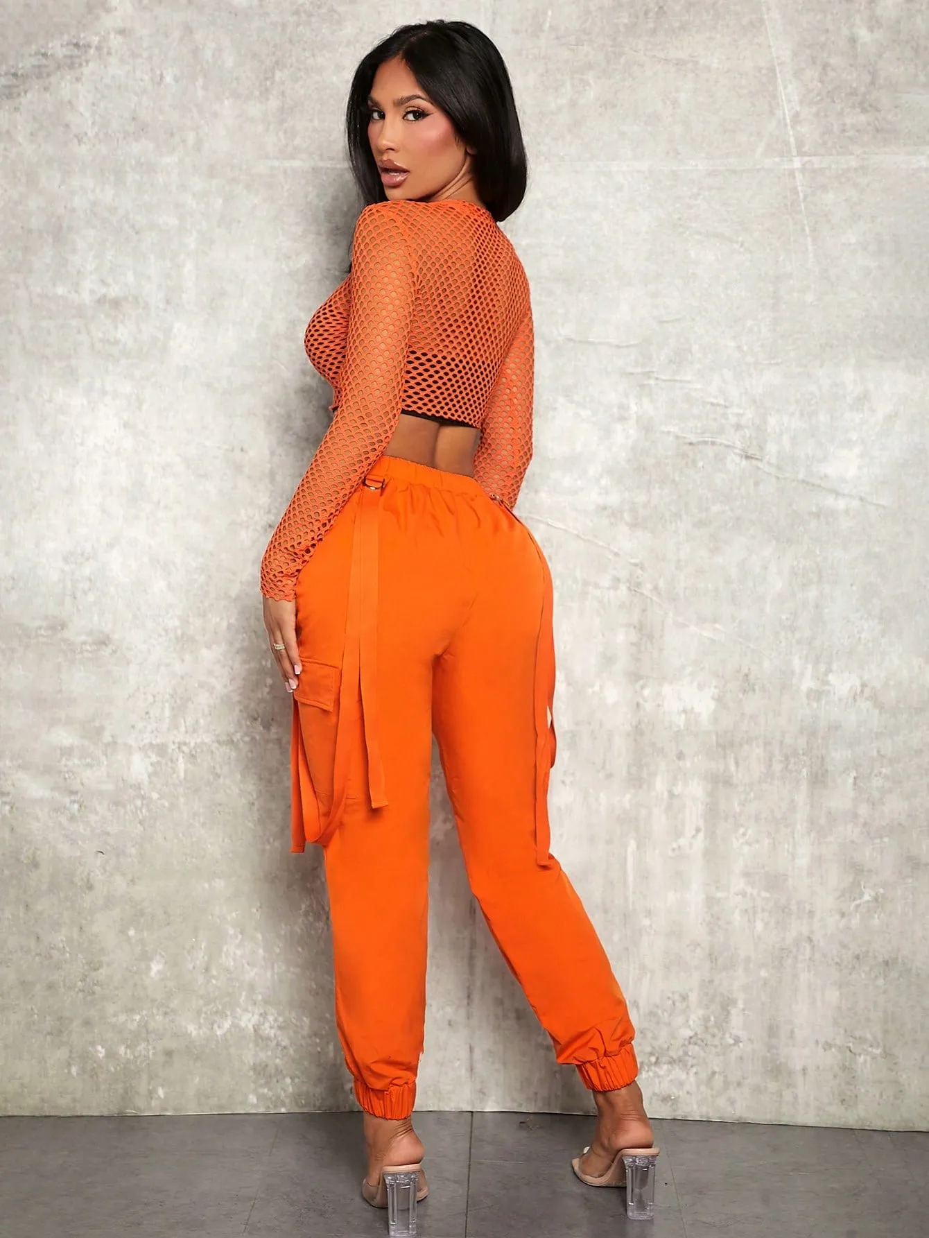 Mesh Crop Top Cargo Pants Set Without Bra