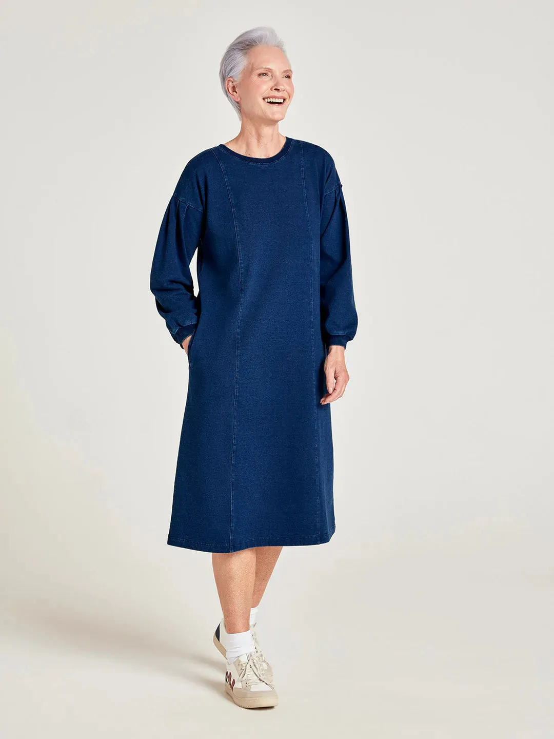 NOW 25% OFF Thought Clothing Ioana Organic Cotton Jersey Dress in Indigo Blue