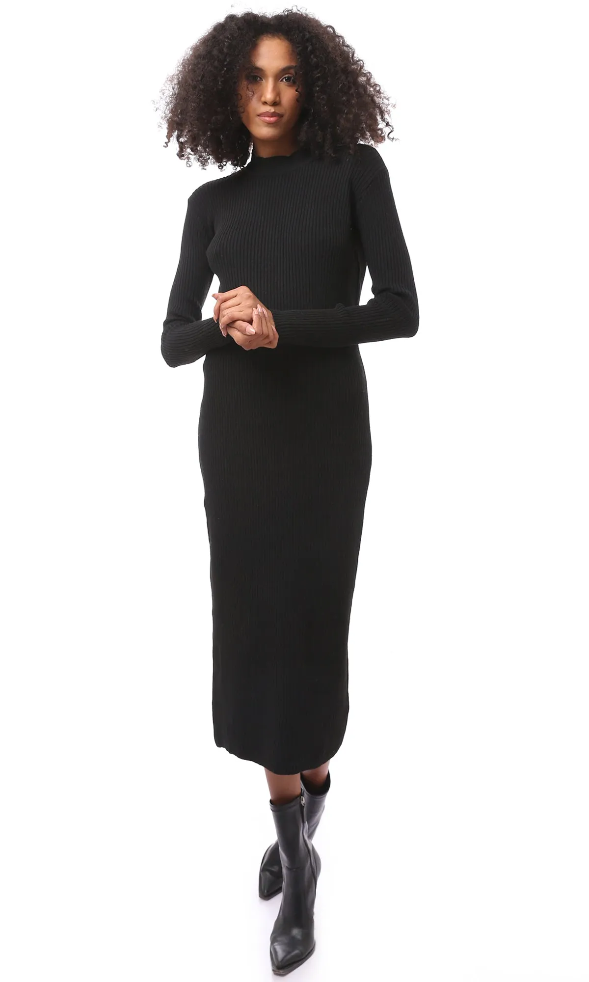 O172553 Black Ribbed Long Sleeves Winter Midi-Dress