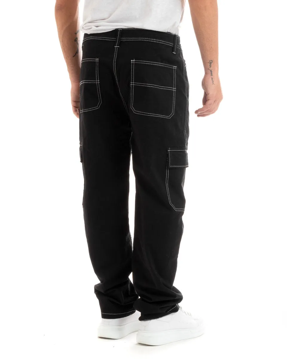 Pantaloni Jeans Uomo Straight Fit Cargo Nero Cinque Tasche Casual GIOSAL-P5928A