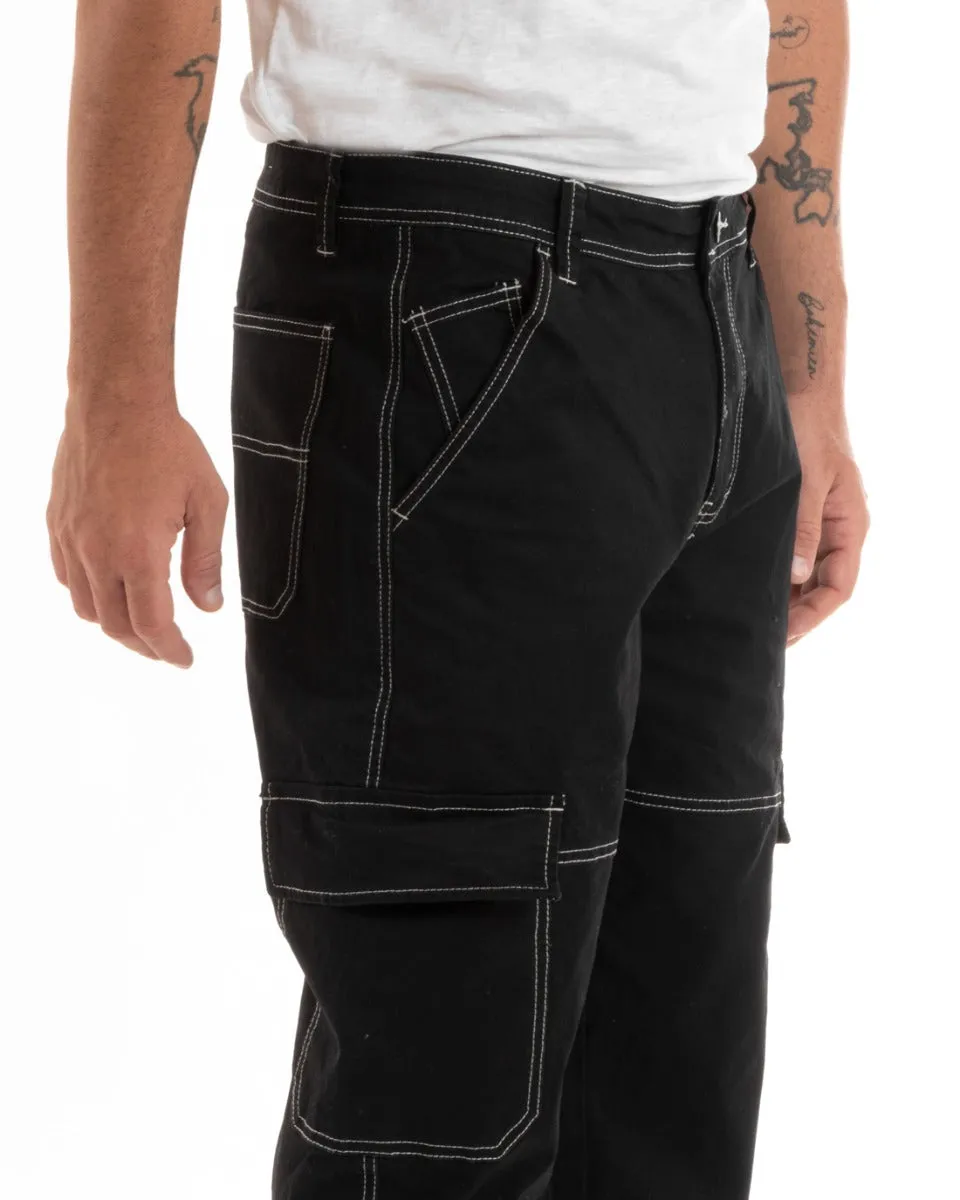 Pantaloni Jeans Uomo Straight Fit Cargo Nero Cinque Tasche Casual GIOSAL-P5928A