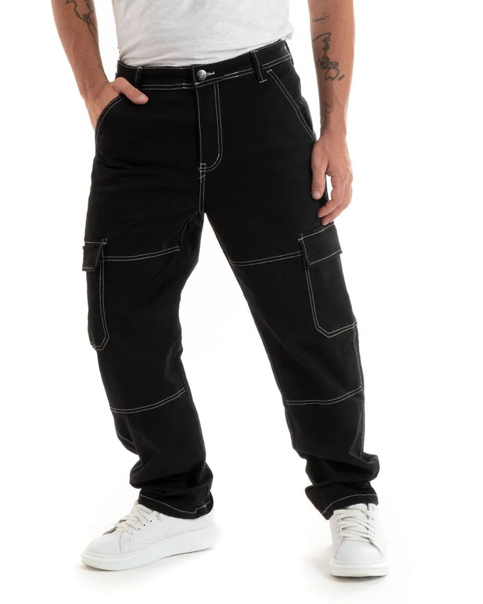 Pantaloni Jeans Uomo Straight Fit Cargo Nero Cinque Tasche Casual GIOSAL-P5928A