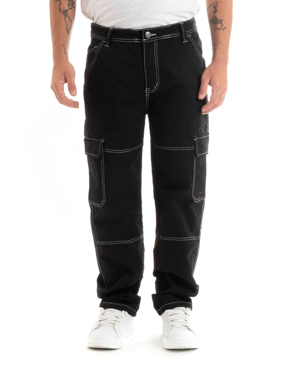 Pantaloni Jeans Uomo Straight Fit Cargo Nero Cinque Tasche Casual GIOSAL-P5928A