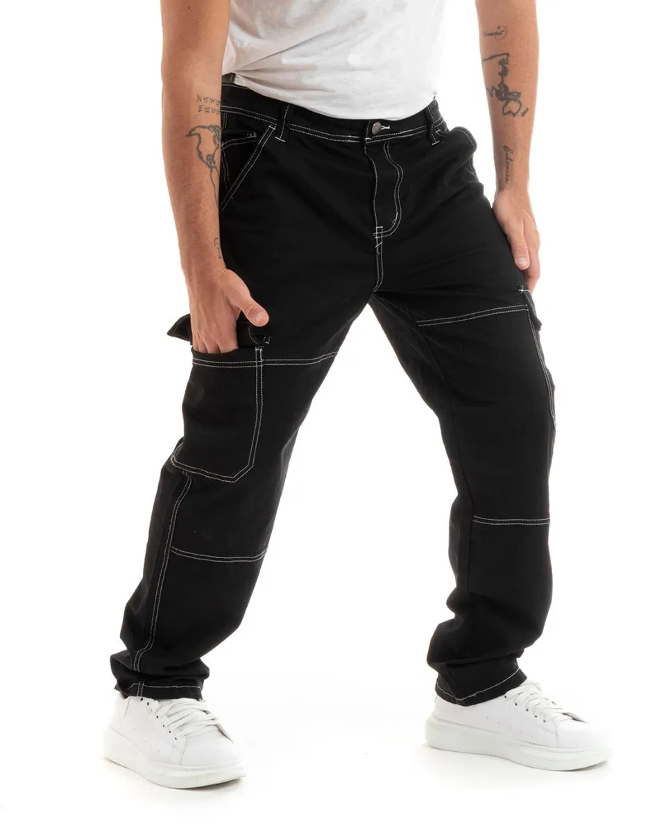 Pantaloni Jeans Uomo Straight Fit Cargo Nero Cinque Tasche Casual GIOSAL-P5928A