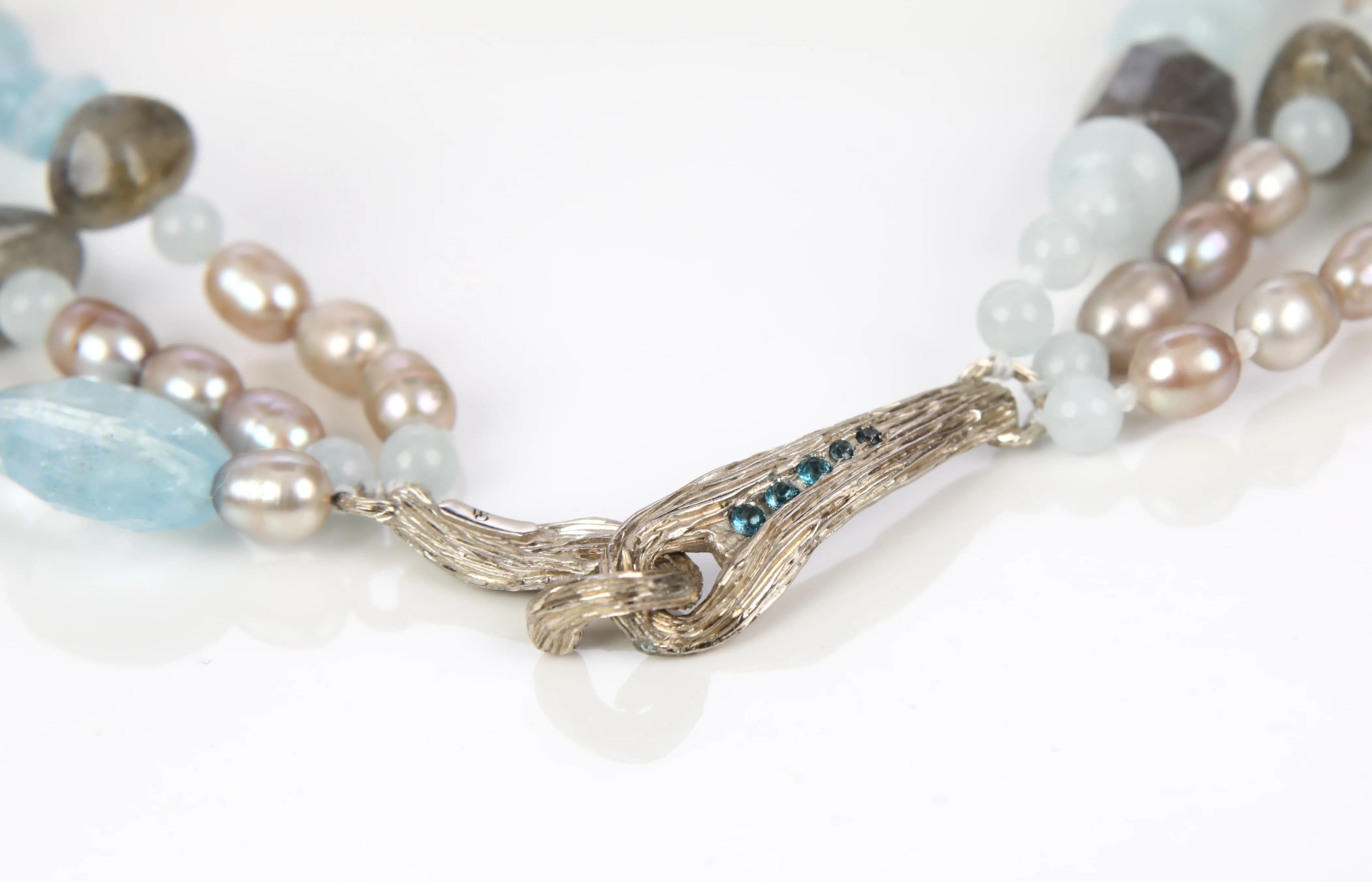 Pearl, Aquamarine, Topaz, Labradorite, and White Gold Necklace